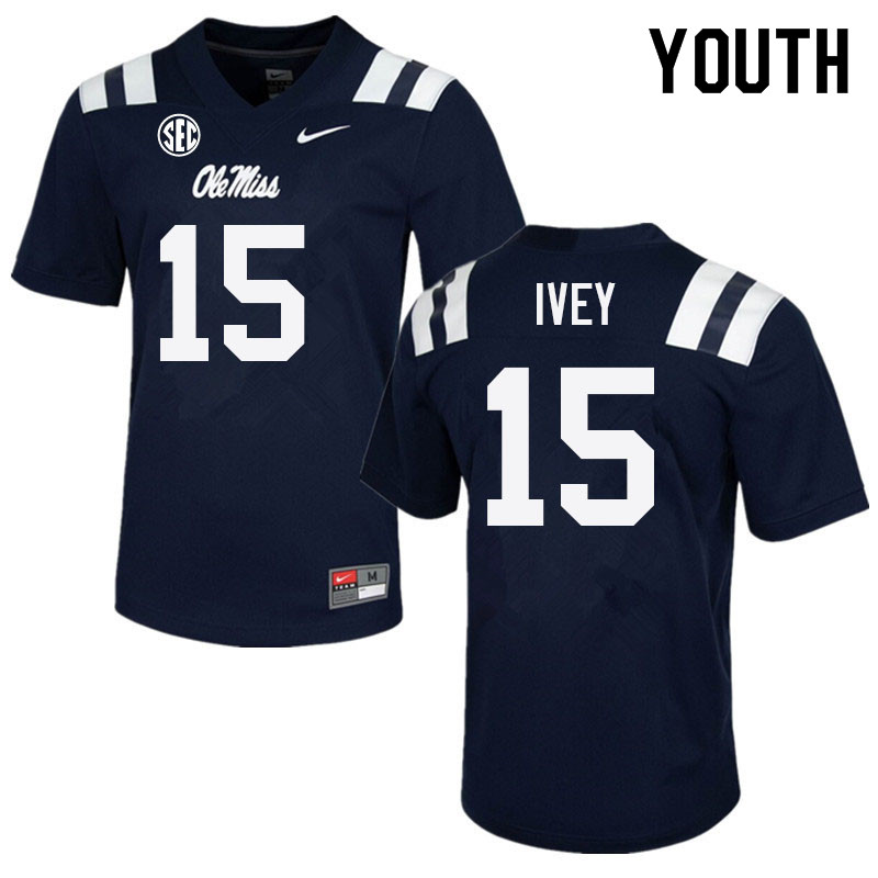 Youth #15 Jared Ivey Ole Miss Rebels College Football Jerseys Sale-Navy